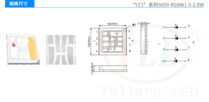 YZ1系列5050RGBW1.5-2.0W燈珠規(guī)格尺寸
