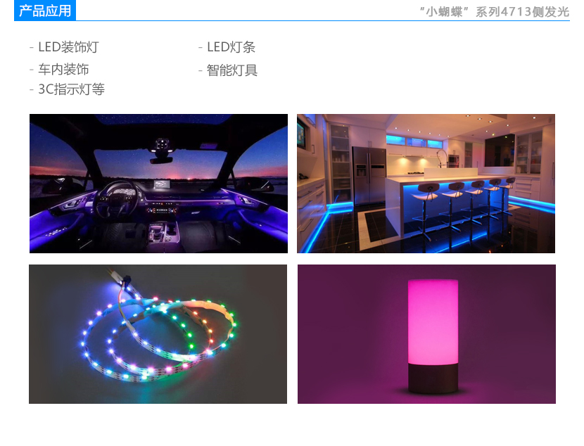 4713側(cè)發(fā)光燈珠應(yīng)用領(lǐng)域:LED裝飾燈,LED燈條,車內(nèi)裝飾,智能燈具,3C指示燈