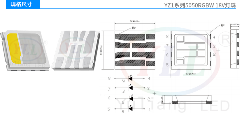 YZ1系列5050RGBW燈珠-18V規(guī)格尺寸